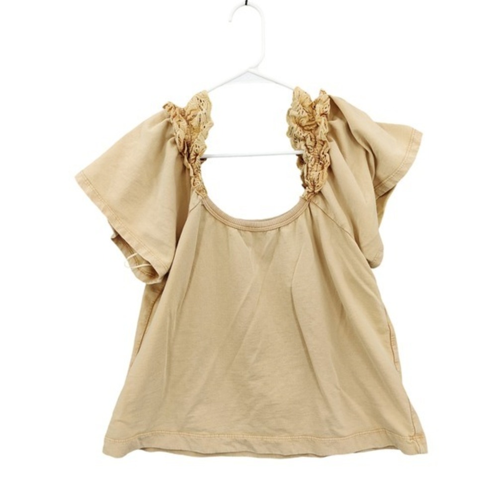 Pilcro Women Peasant Romantic Cottage Crop Flutter Sleeve Top L Tan Eyelet Lace
